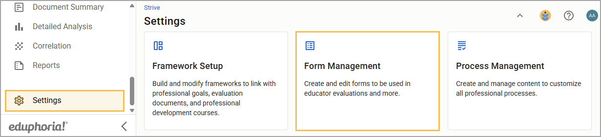 Settings menu displaying options for Framework Setup, Form Management, and Process Management.